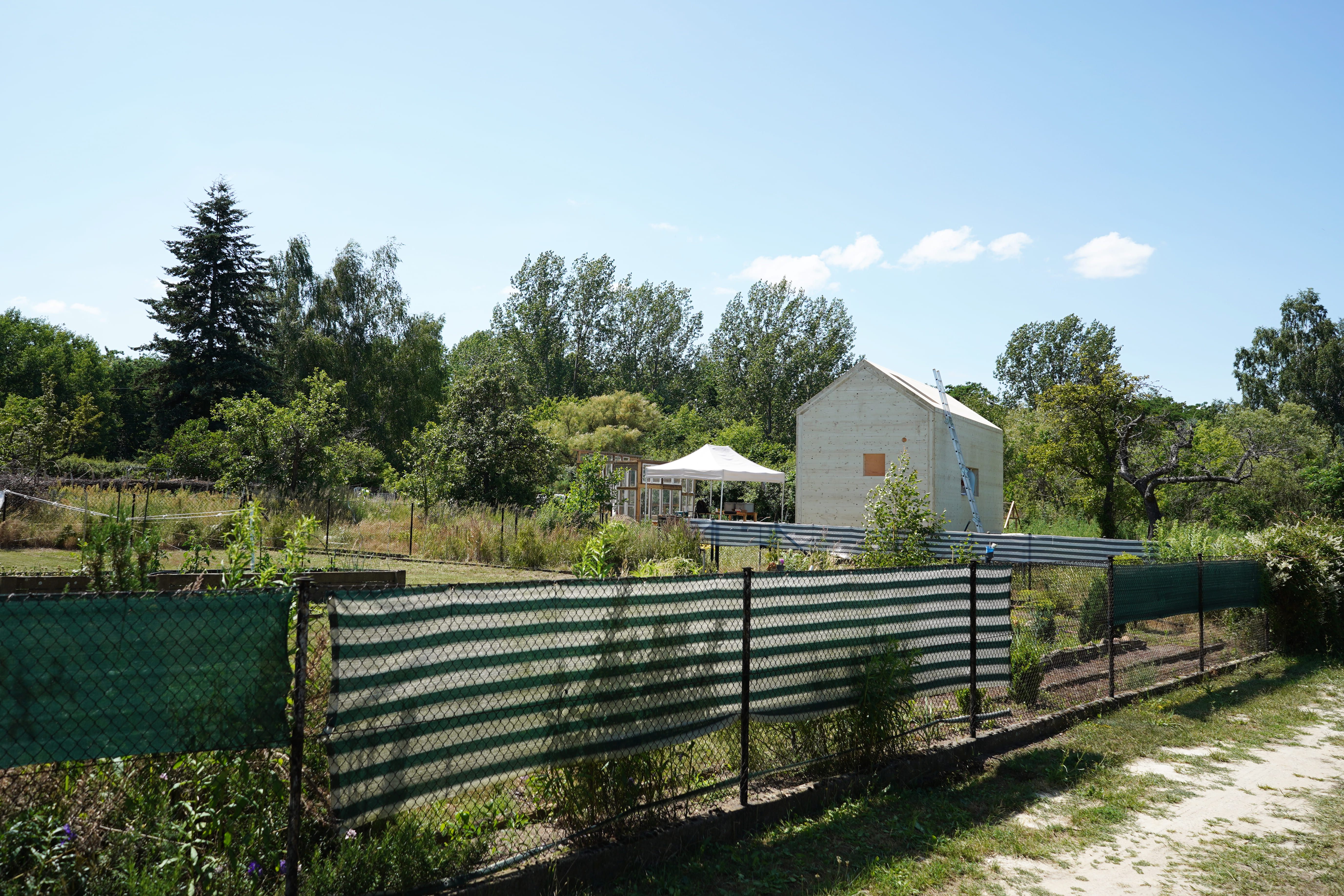 Blick auf Gartengrundstück und Tiny House während der Bauphase im Juli 2021. Foto: Valentina Troendle